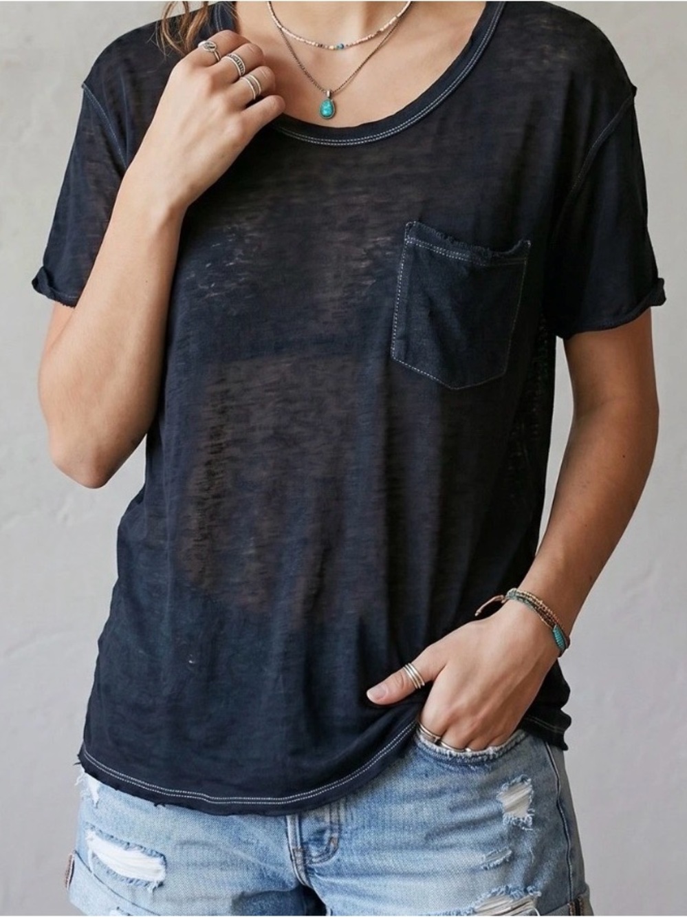We The Free Black Sheer Short Sleeve Pocket Tee